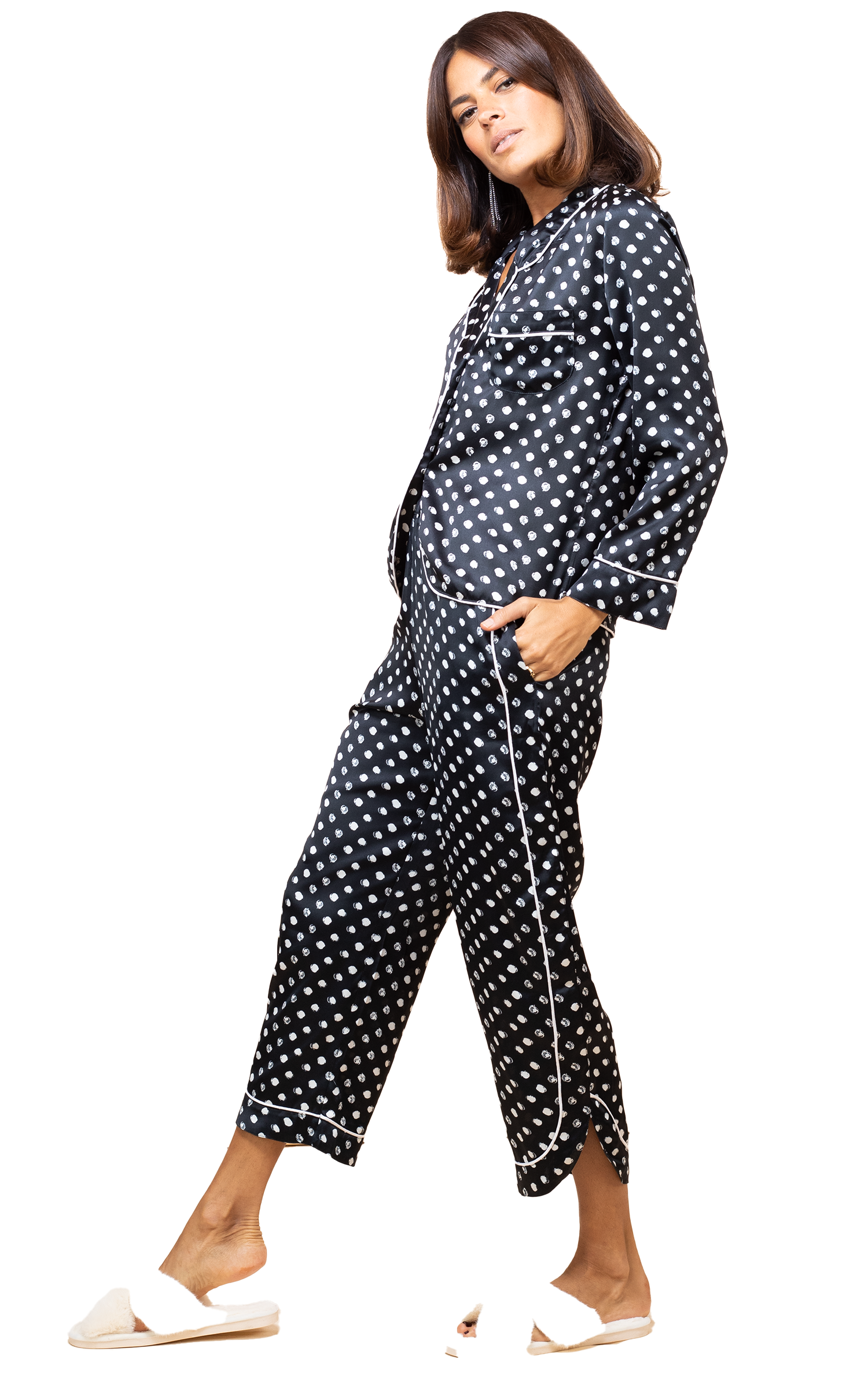 Σετ γυναικεία σατέν πιτζάμα με print πουά της Dancing Leopard