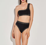 Bikini set with crocheted lace bodice with one shoulder and high-waisted briefs in black 1484B / 1481B by LIDA