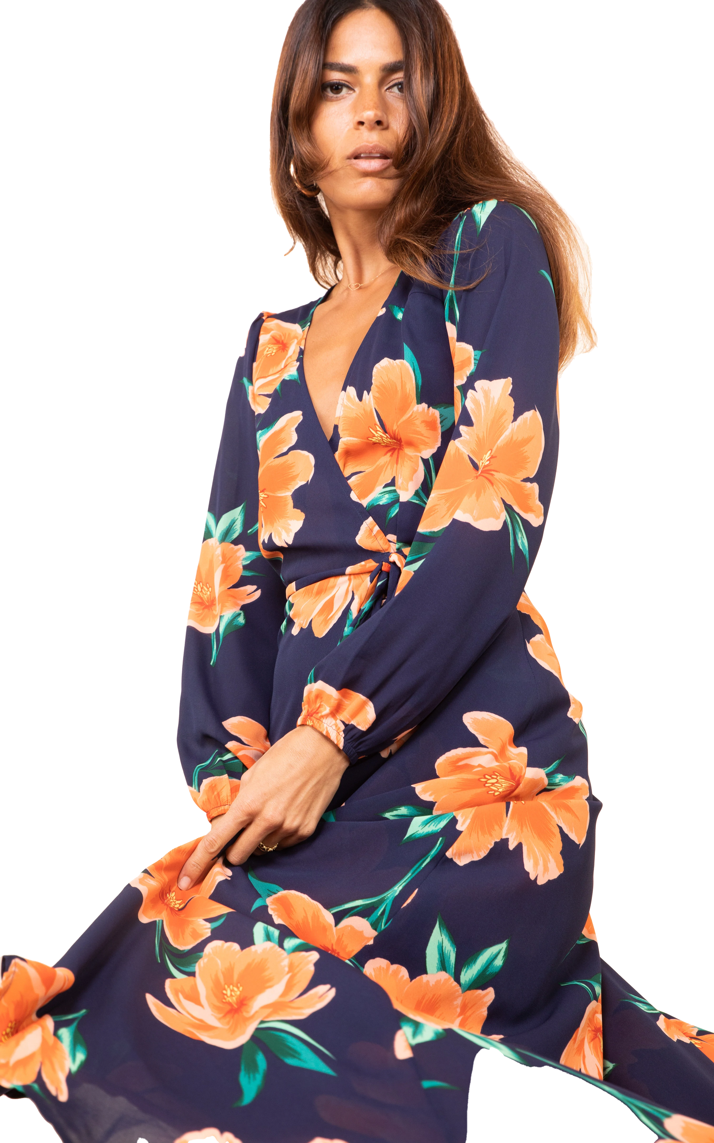 Jagger maxi dress in navy blue with orange tulip by Dancing Leopard