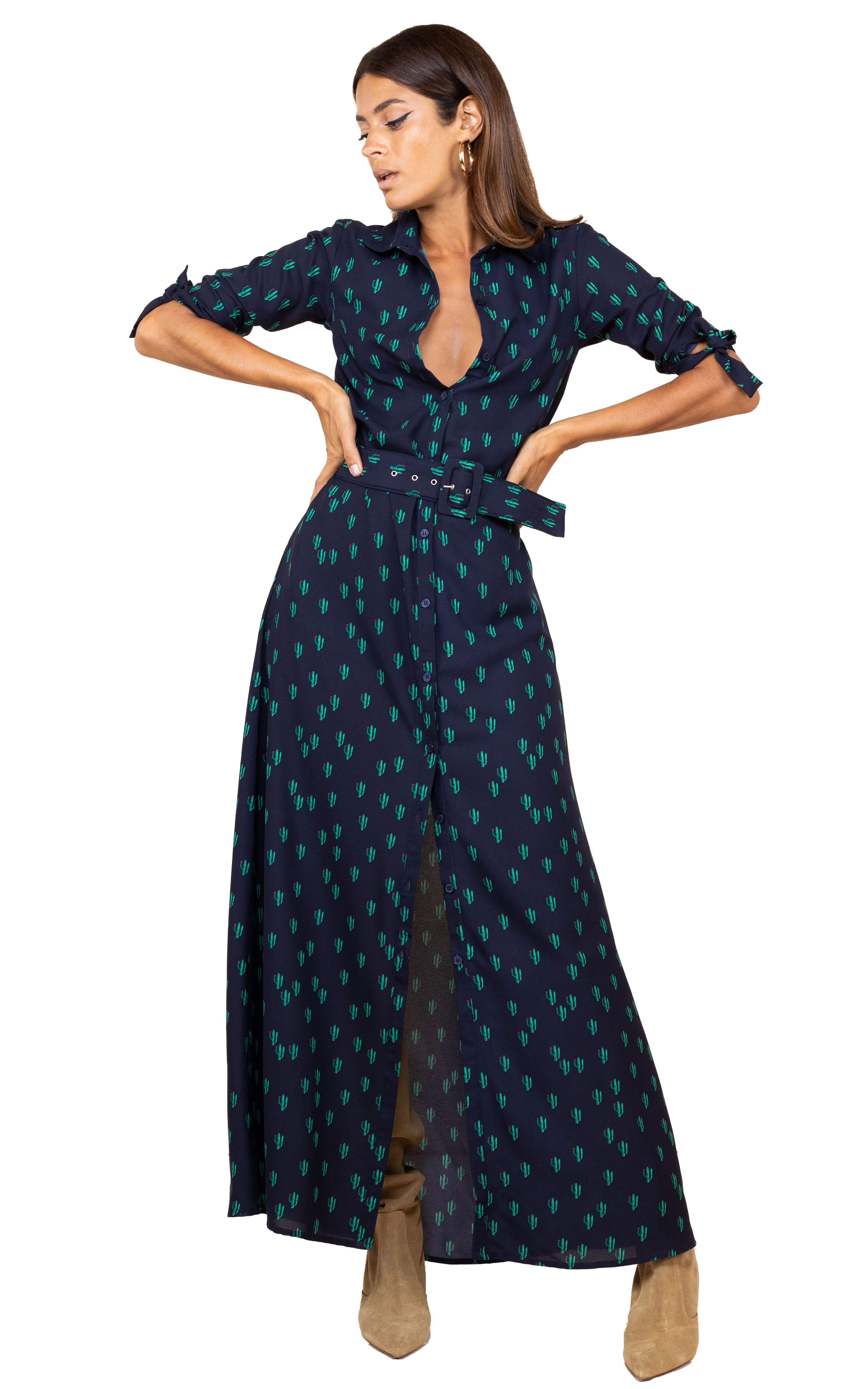 Maxi dress with Dove buttons with cactuses by Dancing Leopard